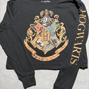 Harry Potter Hogwarts Crest Long Sleeve Graphic Crop Top T-Shirt‎ Black Size XL